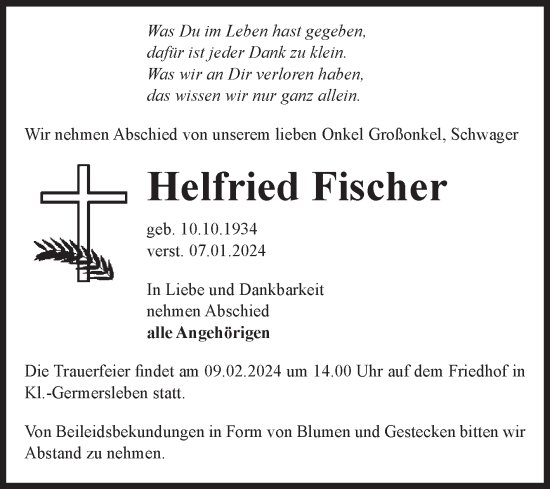 Traueranzeige von Helfried Fischer von Volksstimme Oschersleben/Wanzleben