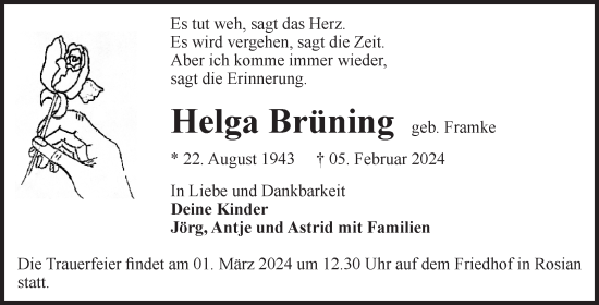 Traueranzeige von Helga Brüning von Volksstimme Zerbst