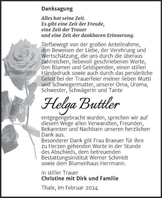 Traueranzeige von Helga Buttler von Trauerkombi Quedlinburg