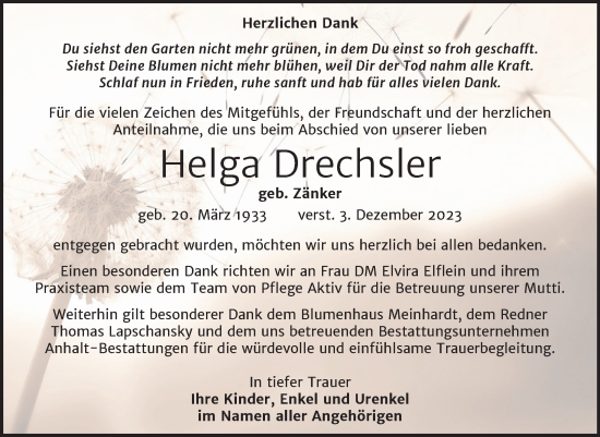 Traueranzeige von Helga Drechsler von Trauerkombi Bitterfeld