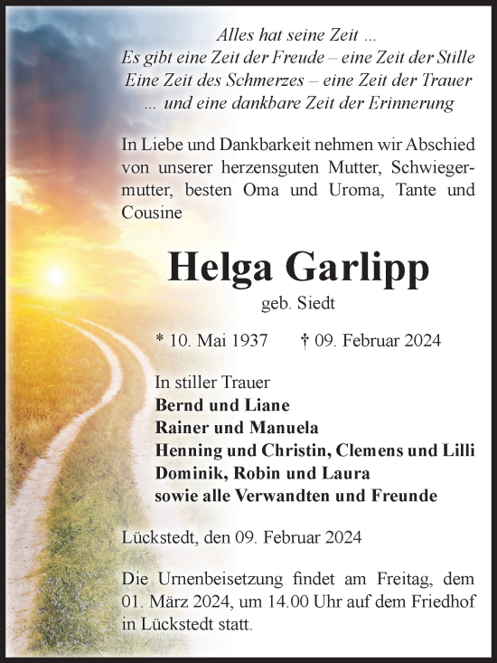 Traueranzeige von Helga Garlipp von Volksstimme Altmark Ost