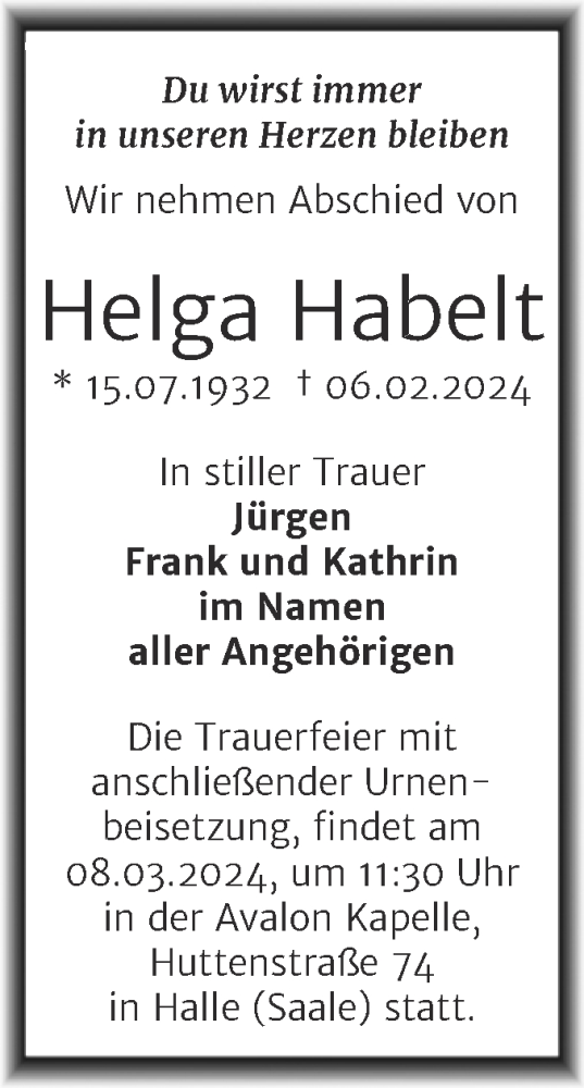 Traueranzeige von Helga Habelt von Mitteldeutsche Zeitung Halle/Saalkreis