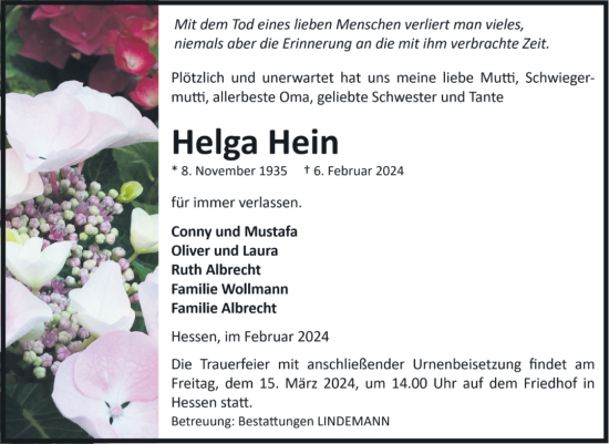 Traueranzeige von Helga Hein von Volksstimme Halberstadt