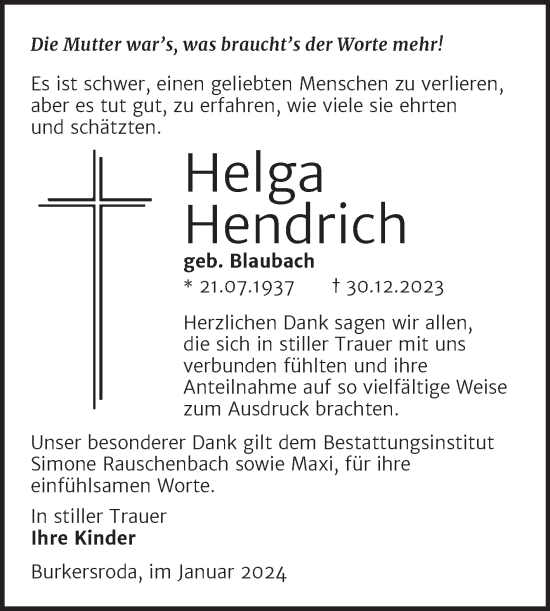 Traueranzeige von Helga Hendrich von Naumburger Tageblatt