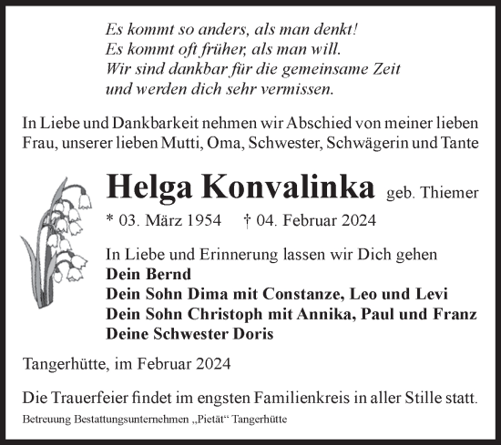 Traueranzeige von Helga Konvalinka von Volksstimme Altmark Ost