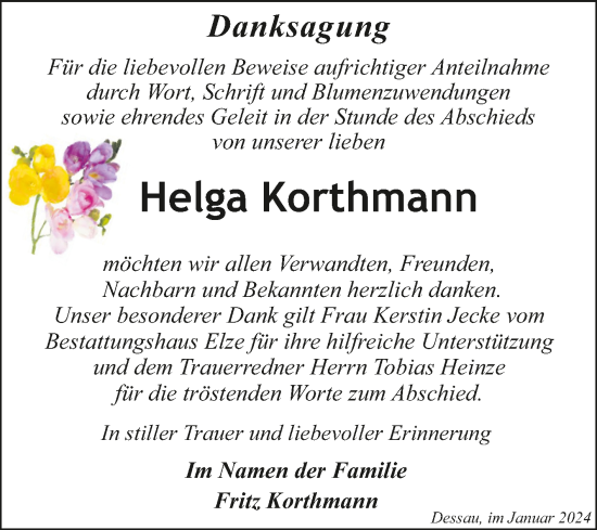 Traueranzeige von Helga Korthmann von Trauerkombi Dessau