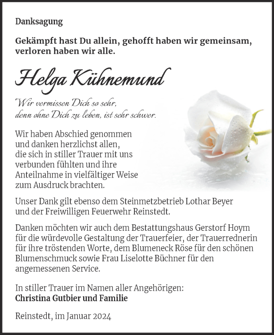 Traueranzeige von Helga Kühnemund von Trauerkombi Quedlinburg