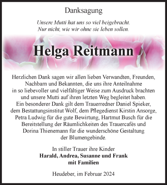 Traueranzeige von Helga Reitmann von Volksstimme Wernigerode