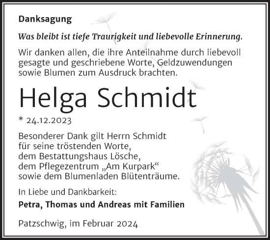 Traueranzeige von Helga Schmidt von Trauerkombi Wittenberg