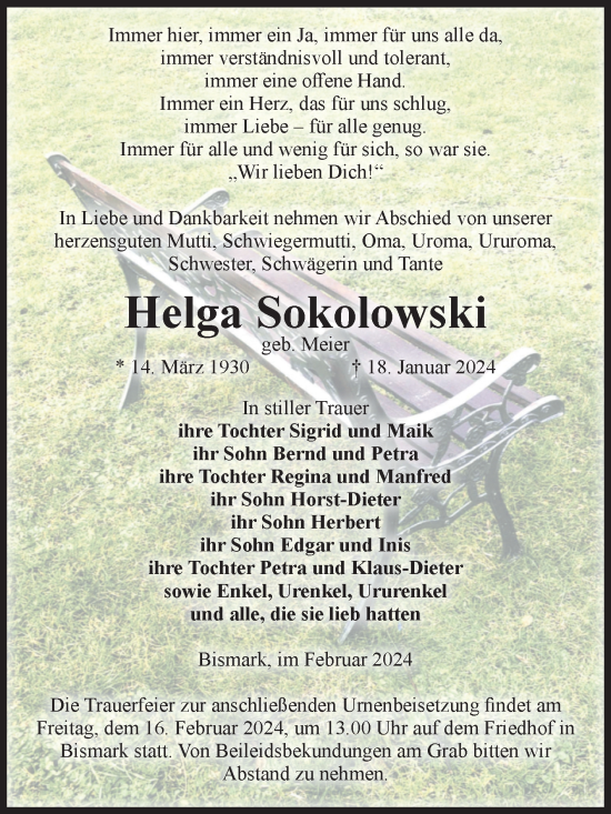 Traueranzeige von Helga Sokolowski von Volksstimme Altmark Ost