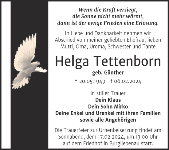 Traueranzeige von Helga Tettenborn von Trauerkombi Merseburg
