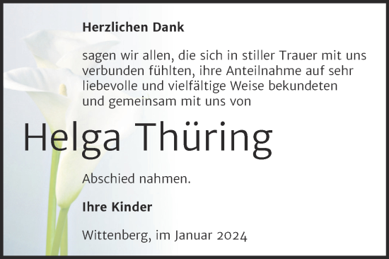 Traueranzeige von Helga Thüring von Trauerkombi Wittenberg