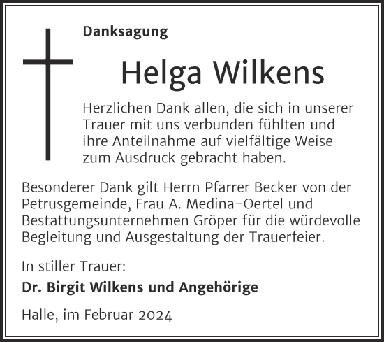 Traueranzeige von Helga Wilkens von Mitteldeutsche Zeitung Halle/Saalkreis