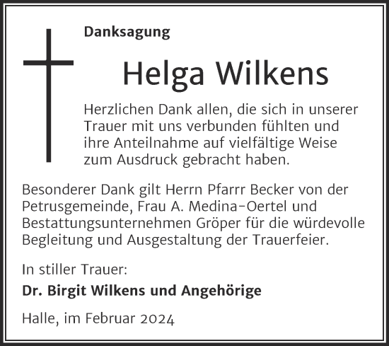 Traueranzeige von Helga Wilkens von Mitteldeutsche Zeitung Halle/Saalkreis
