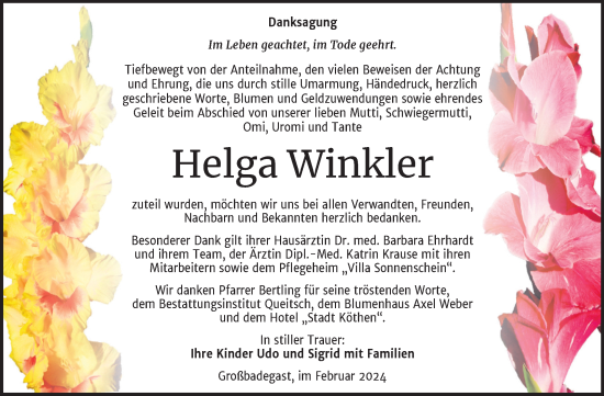 Traueranzeige von Helga Winkler von Trauerkombi Köthen