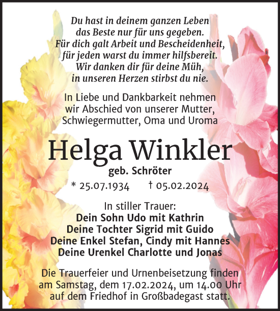 Traueranzeige von Helga Winkler von Trauerkombi Köthen
