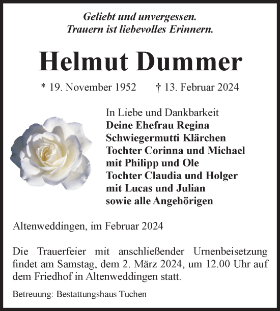 Traueranzeige von Helmut Dummer von Volksstimme Oschersleben/Wanzleben