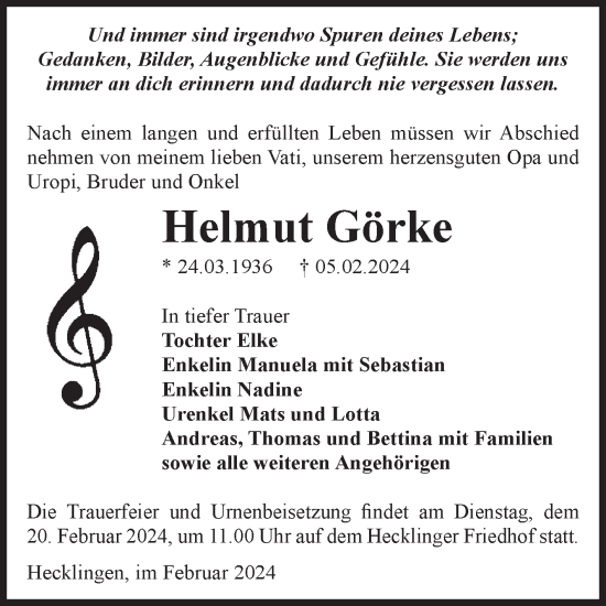 Traueranzeige von Helmut Görke von Volksstimme Staßfurt