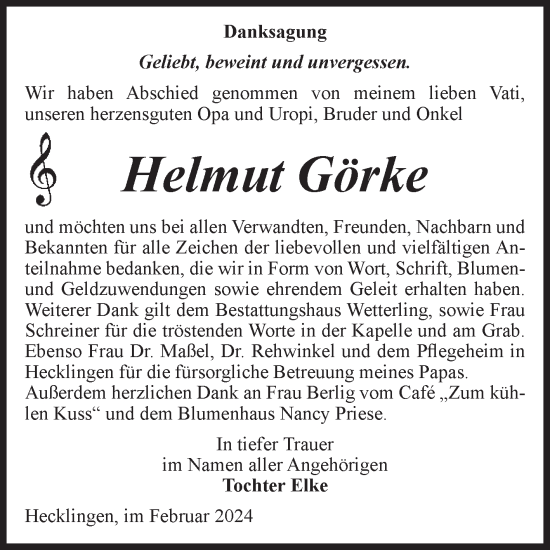 Traueranzeige von Helmut Görke von Volksstimme Staßfurt