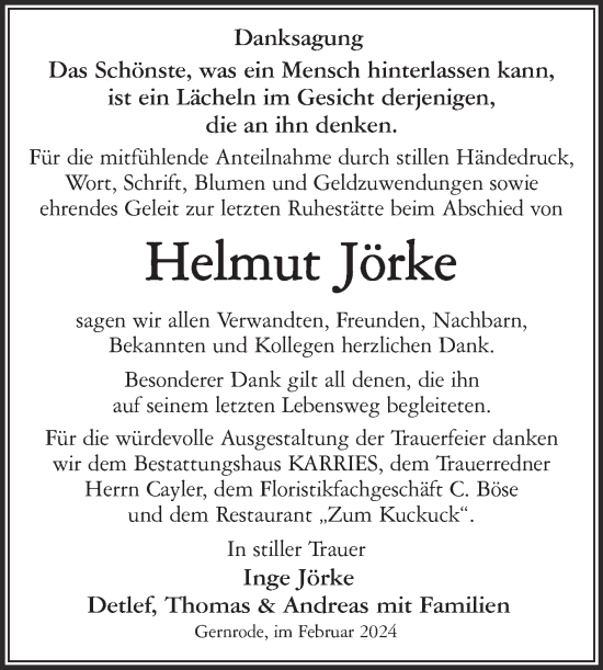 Traueranzeige von Helmut Jörke von Trauerkombi Quedlinburg