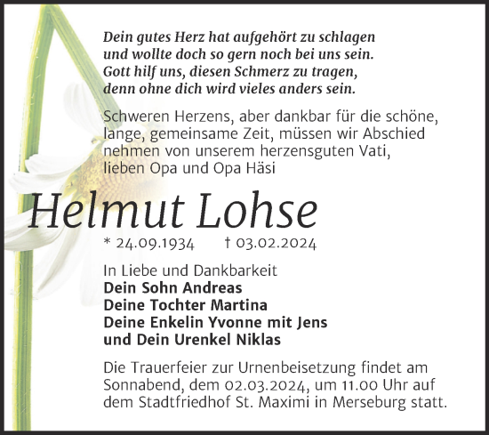 Traueranzeige von Helmut Lohse von Trauerkombi Merseburg