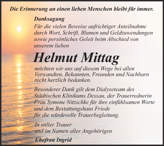 Traueranzeige von Helmut Mittag von Trauerkombi Dessau
