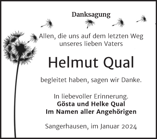 Traueranzeige von Helmut Qual von Trauerkombi Sangerhausen
