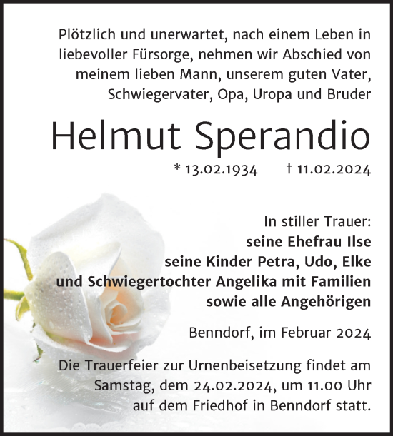 Traueranzeige von Helmut Sperandio von Mitteldeutsche Zeitung Mansfelder Land