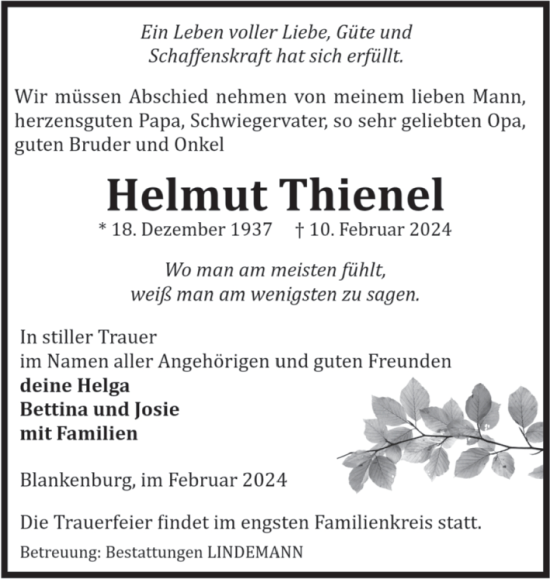 Traueranzeige von Helmut Thienel von Volksstimme Wernigerode