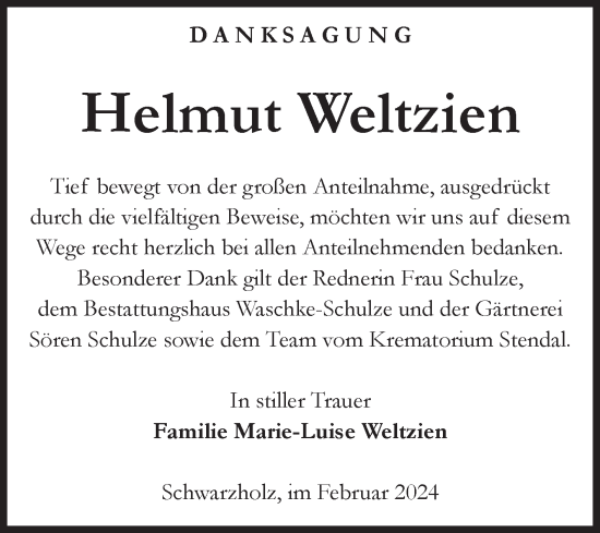 Traueranzeige von Helmut Weltzien von Volksstimme Altmark Ost