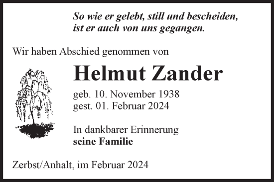 Traueranzeige von Helmut Zander von Volksstimme Zerbst