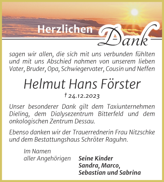 Traueranzeige von Helmut Hans Förster von Trauerkombi Bitterfeld