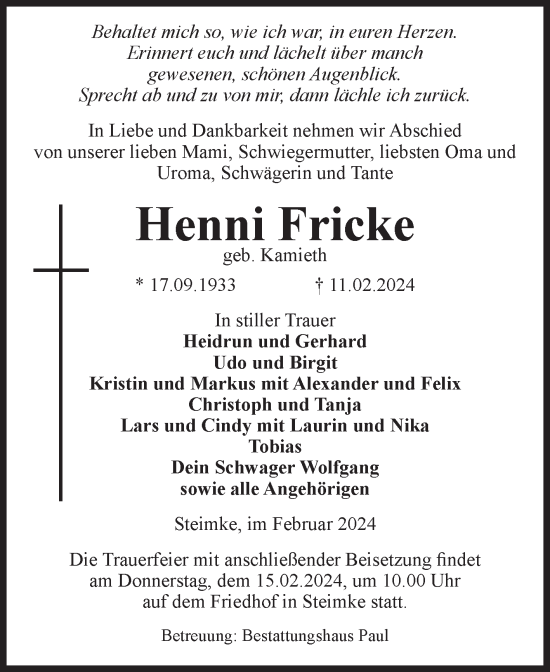Traueranzeige von Henni Fricke von Volksstimme Altmark West