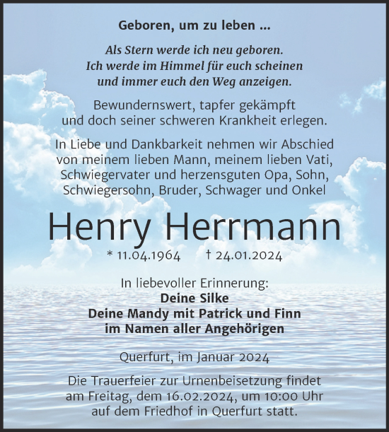 Traueranzeige von Henry Herrmann von Trauerkombi Merseburg