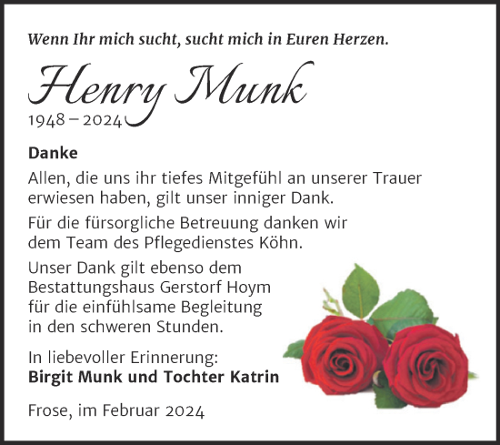 Traueranzeige von Henry Munk von Trauerkombi Aschersleben