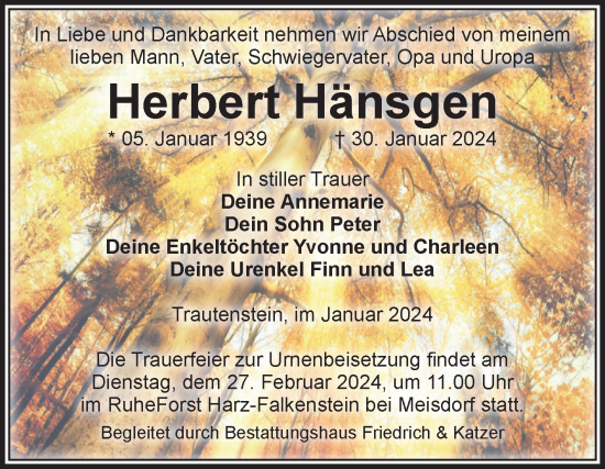 Traueranzeige von Herbert Hänsgen von Volksstimme Wernigerode