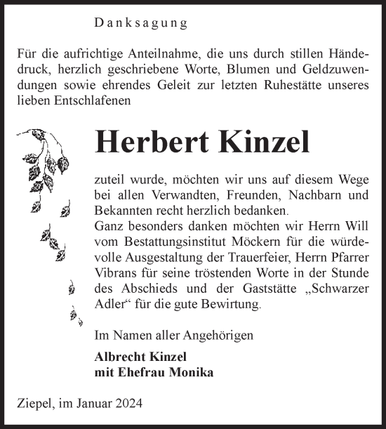 Traueranzeige von Herbert Kinzel von Volksstimme Burg/Genthin