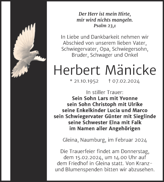 Traueranzeige von Herbert Mänicke von Naumburger Tageblatt