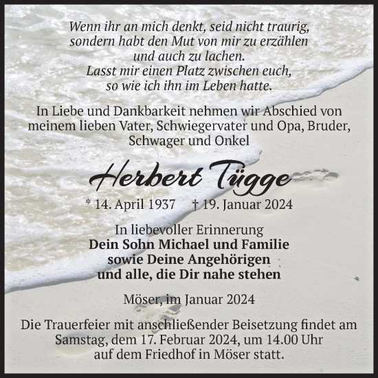 Traueranzeige von Herbert Tügge von Volksstimme Burg/Genthin