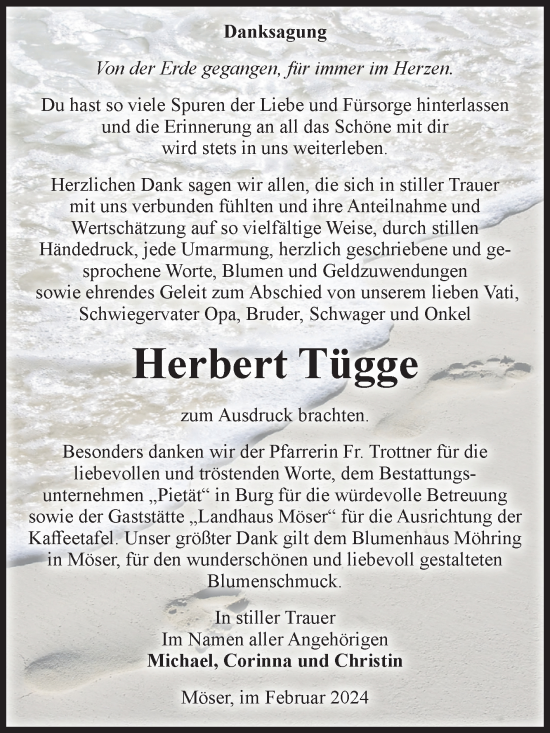 Traueranzeige von Herbert Tügge von Volksstimme Burg/Genthin