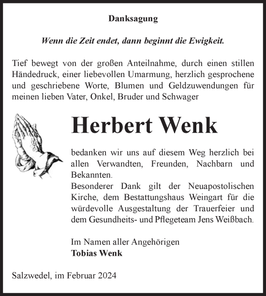 Traueranzeige von Herbert Wenk von Volksstimme Altmark West