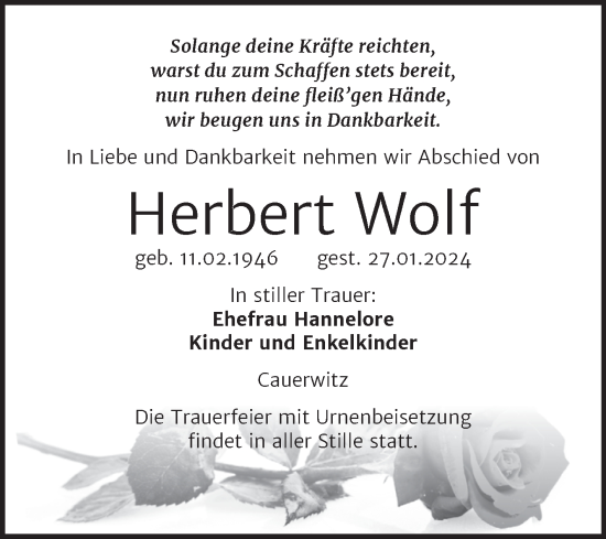Traueranzeige von Herbert Wolf von Super Sonntag Naumburg/Nebra