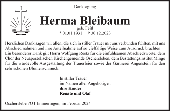 Traueranzeige von Herma Bleibaum von Volksstimme Oschersleben/Wanzleben