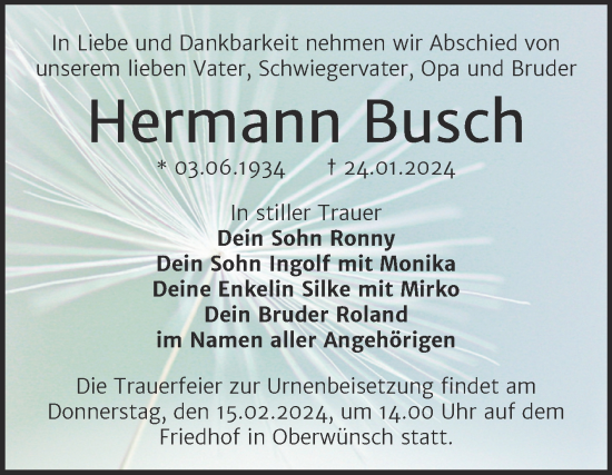 Traueranzeige von Hermann Busch von Trauerkombi Merseburg