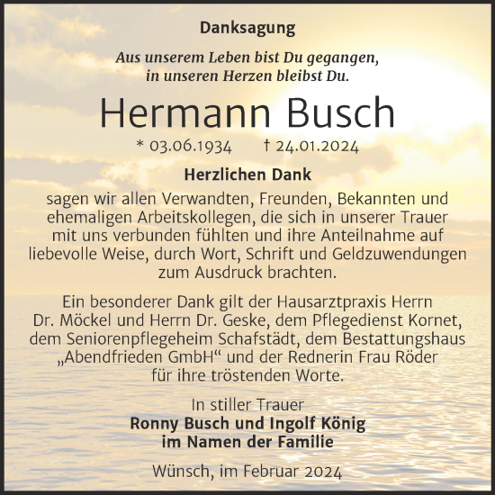 Traueranzeige von Hermann Busch von Trauerkombi Merseburg