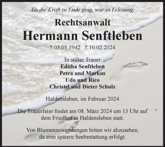 Traueranzeige von Hermann Senftleben von Volksstimme Haldensleben/Wolmirstedt