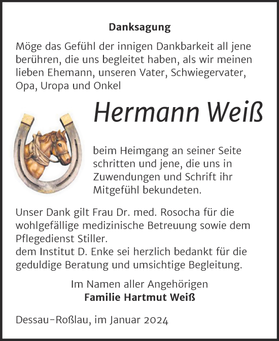 Traueranzeige von Hermann Weiß von Trauerkombi Dessau