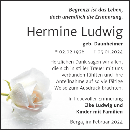 Traueranzeige von Hermine Ludwig von Trauerkombi Sangerhausen