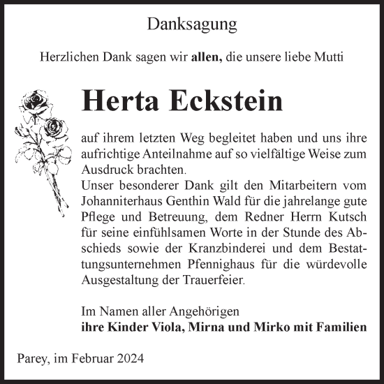 Traueranzeige von Herta Eckstein von Volksstimme Burg/Genthin