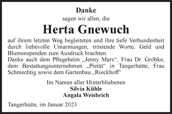 Traueranzeige von Herta Gnewuch von Volksstimme Altmark Ost